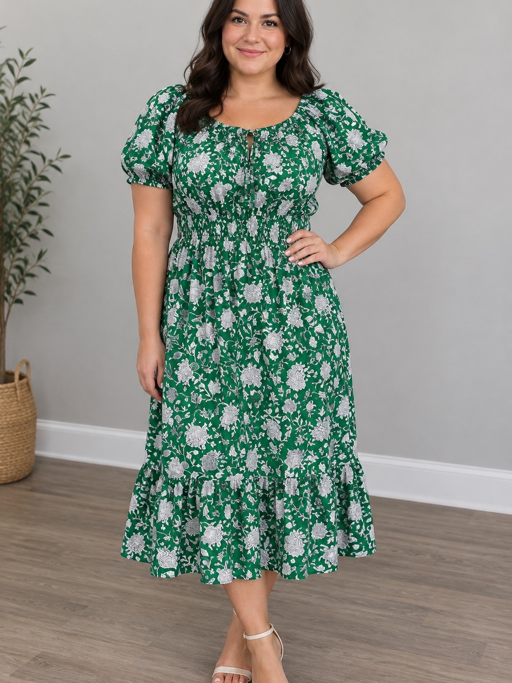 J.Crew Green & White Floral Puff-Sleeve 100% Cotton Midi Dress – Women’s Size 6